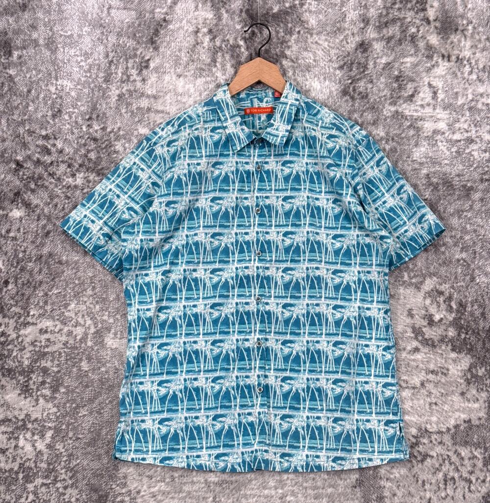 Tori Richard Shirt Large Mens Blue Palm Hawaiian Aloha Print Cotton Button